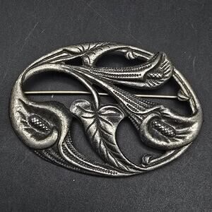 Sterling Silver Callalily Flower Brooch Oval Silver Tone Lily Art Nouveau